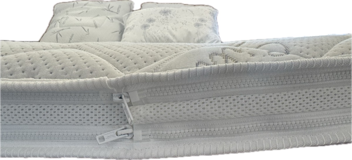 Close-up: the zip around the topper and the mattress cover, 3D mesh side panel