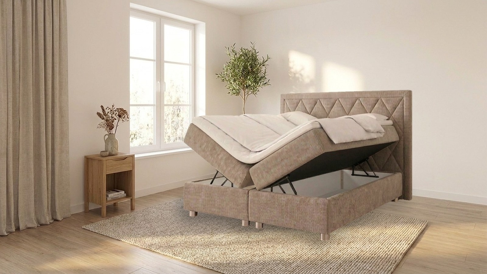 Polsterbett im Boxspring-Design im Stoff FJORD 27 mit geöffnetem Bettkasten, im Schlafzimmer