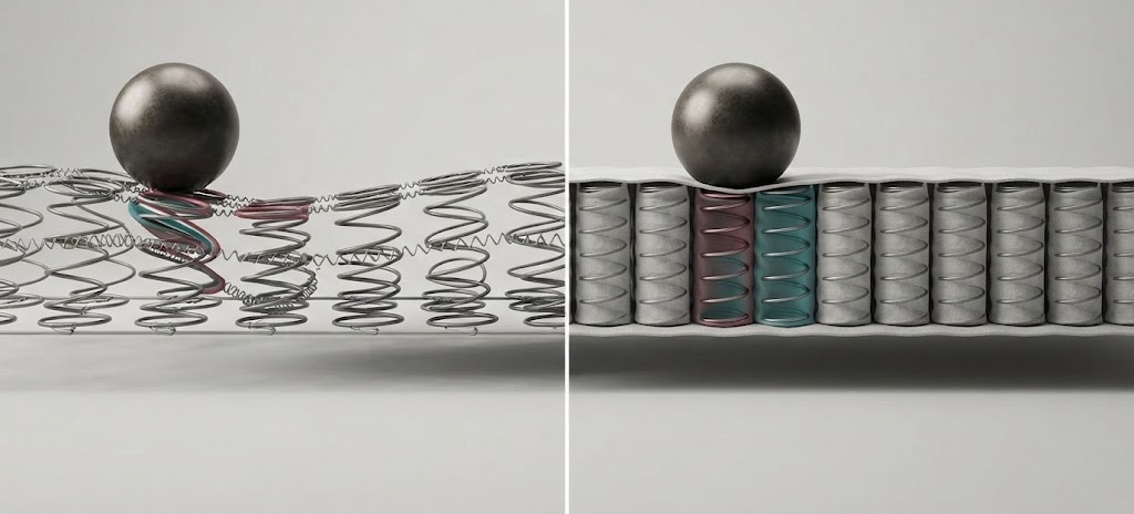 Same load compared: bonnell unit on the left — the whole surface gives way; pocket spring unit on the right — only the springs under the ball give way