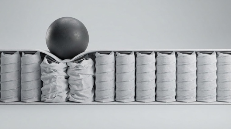 Pocket spring unit under the ball: only the two springs under the load are compressed, all the others stand upright