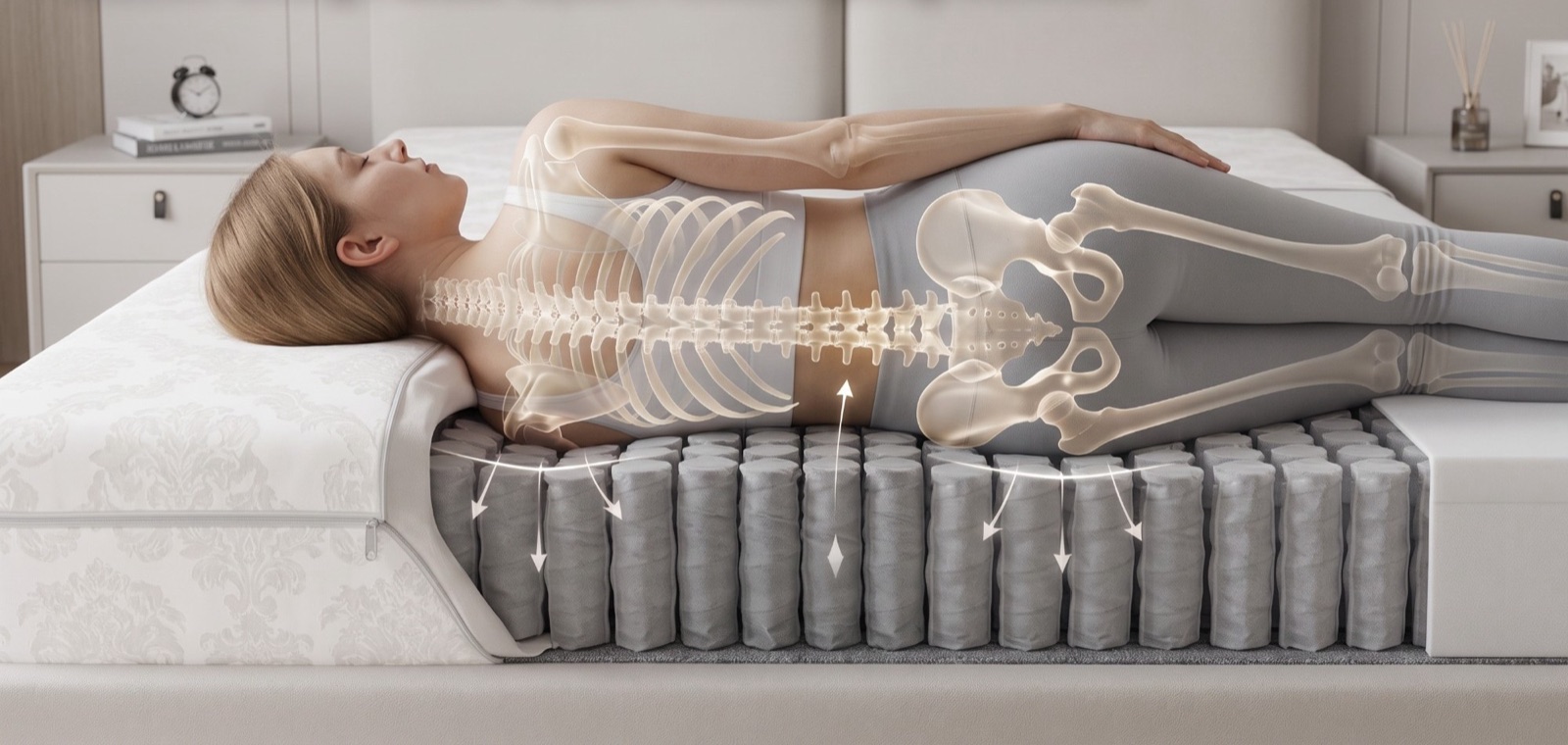 Side sleeping on a pocket spring unit: the springs under the shoulder and hip give way individually, the spine stays straight